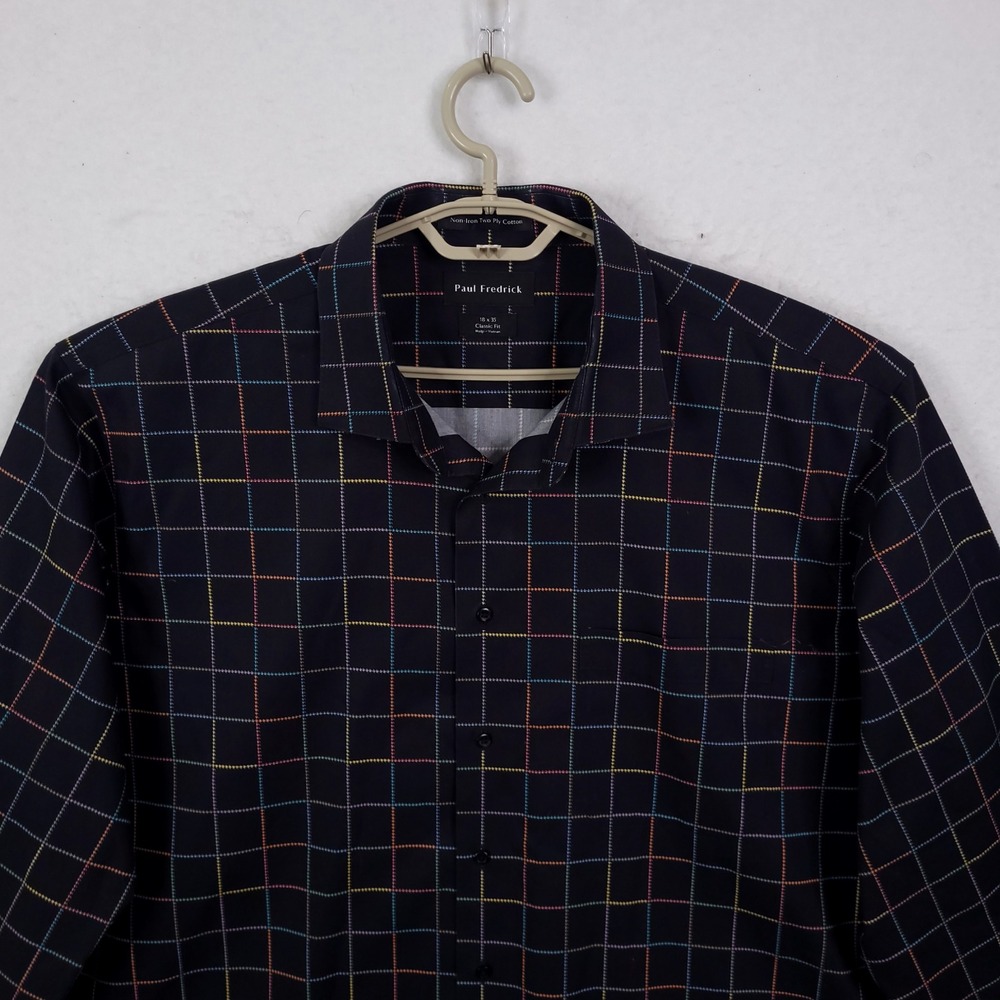 Paul Fredrick Button Down Mens 18 x 35 Navy Multi Windowpane Grid Cotton Shirt